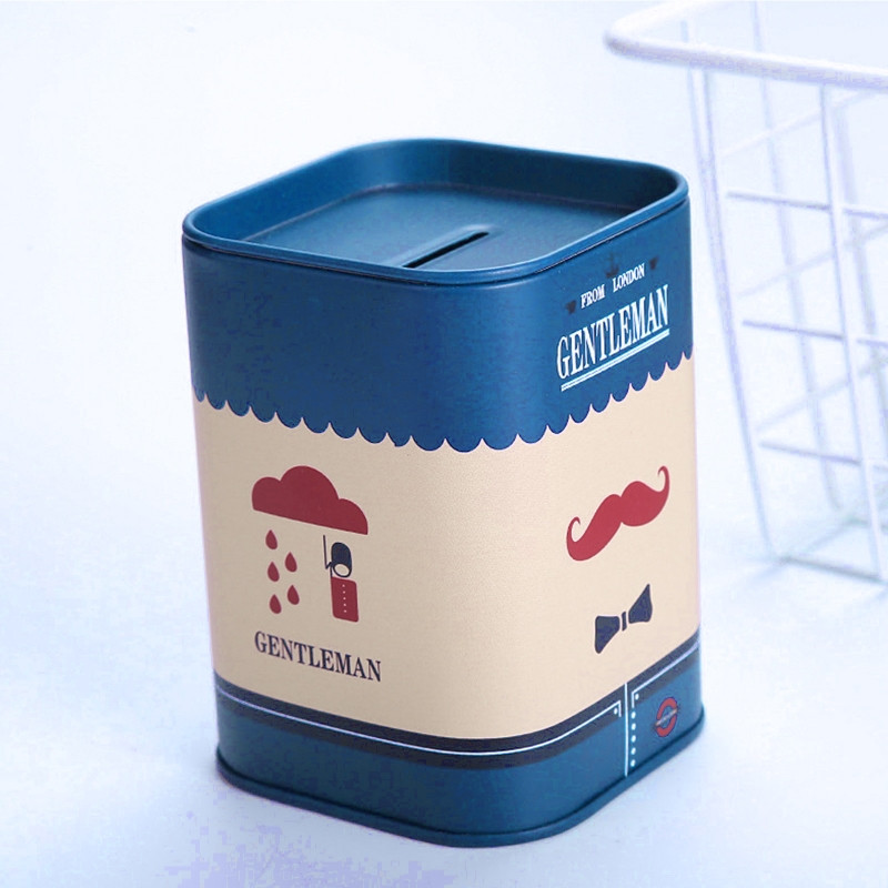 Mielas Piggy Bank Metal Square London Džentelmeno skardinis pinigų taupymo dėklas suaugusiems Vaikams Mergaitėms Berniukams Papuošalų dėžutės saugykla R7UB