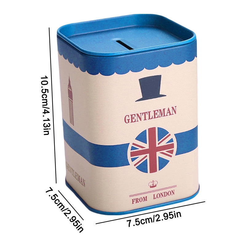 Mielas Piggy Bank Metal Square London Džentelmeno skardinis pinigų taupymo dėklas suaugusiems Vaikams Mergaitėms Berniukams Papuošalų dėžutės saugykla R7UB