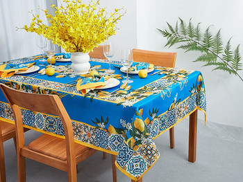 Средиземноморска плочка със син лимон Водоустойчива покривка Сватбени декорации Пролетна правоъгълна покривка за пикник Парти декор