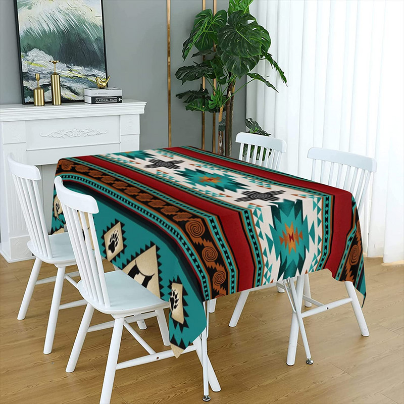 Nyugati türkiz boho azték vízálló terítő partidísz téglalap alakú etnikai terítő konyhai asztaldíszhez