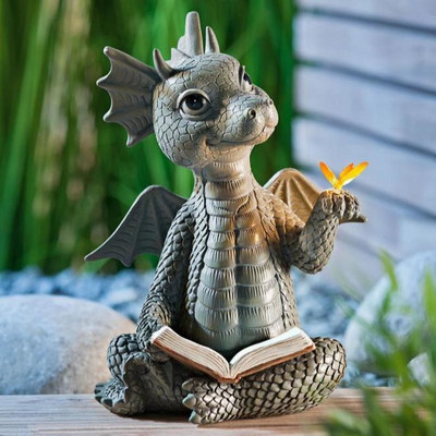 1PC Сладък малък дракон Динозавър Медитация Книга за четене Скулптура Фигура Градина Начало Декор Смола Орнамент