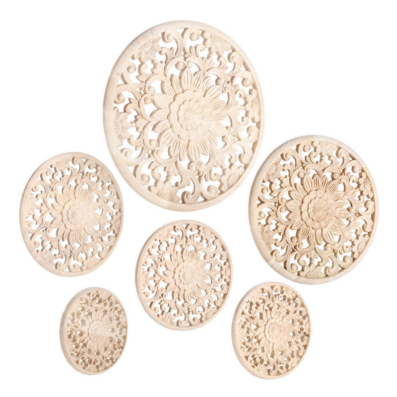 10/12/15/20/24/30cm Koka grebta aplikācija Apaļa Onlay Kokgriezuma Uzlīme Nekrāsots Dekoratīvs Zieds Mājas Mēbeles Sienu Dekors