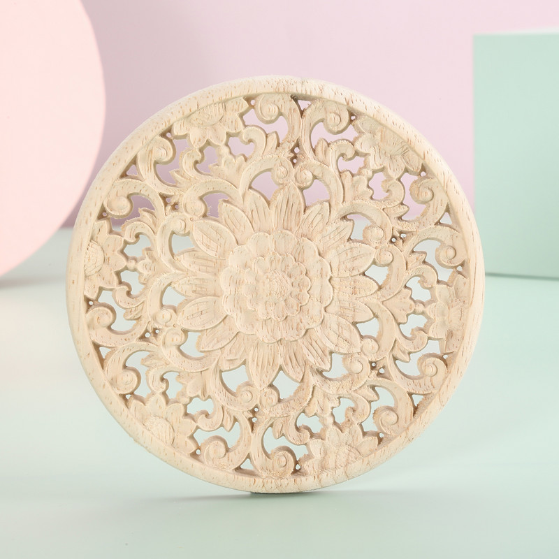 10/12/15/20/24/30cm Koka grebta aplikācija Apaļa Onlay Kokgriezuma Uzlīme Nekrāsots Dekoratīvs Zieds Mājas Mēbeles Sienu Dekors