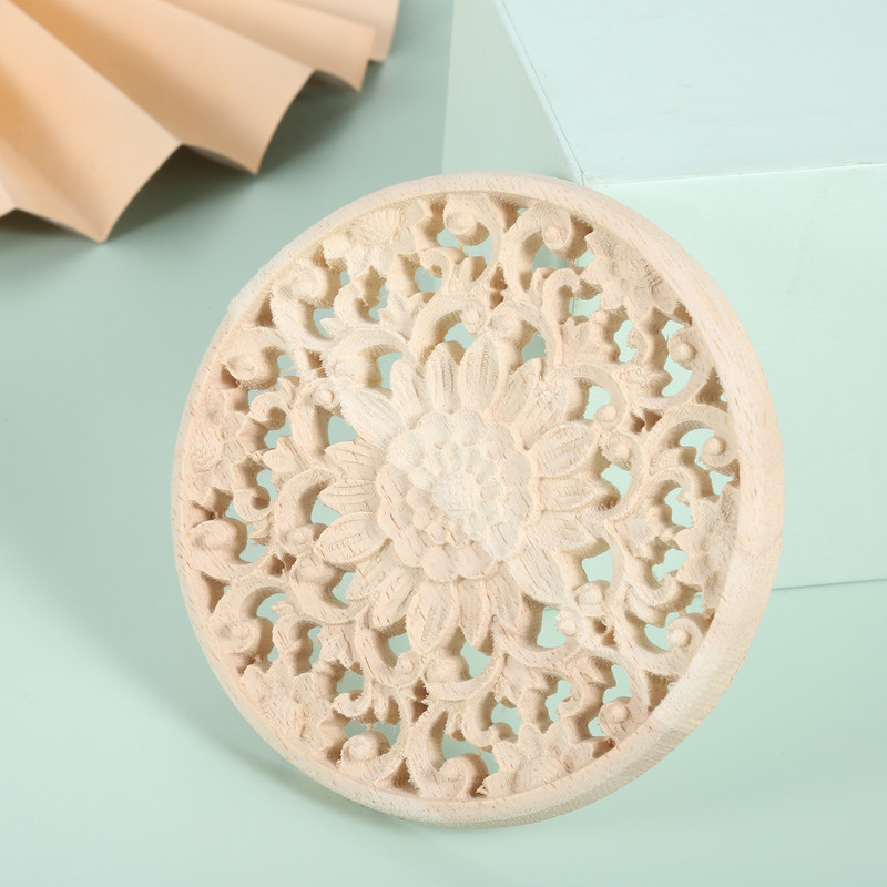 10/12/15/20/24/30cm Koka grebta aplikācija Apaļa Onlay Kokgriezuma Uzlīme Nekrāsots Dekoratīvs Zieds Mājas Mēbeles Sienu Dekors