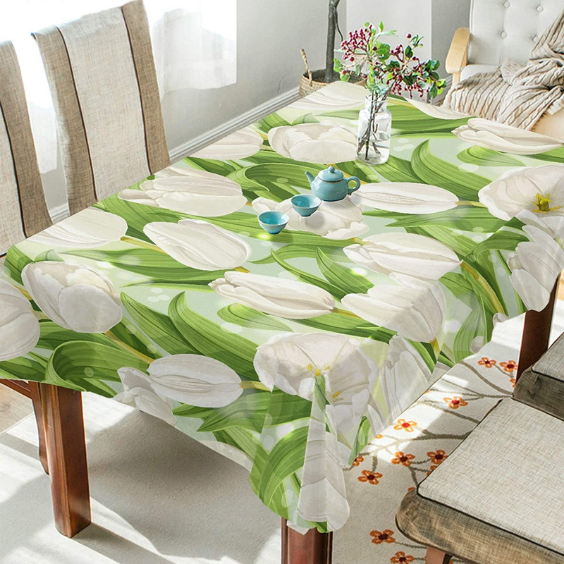 Romantiline valge tulbiõie ristkülik laudlina köögis söögilaua sisekujundus Korduvkasutatavad veekindlad lauakatted pulmakaunistused