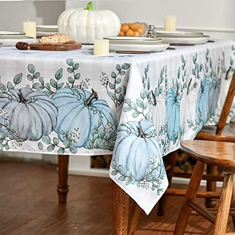 Fehér bivalykockás eukaliptusz levelek tök őszi terítő Hálaadás betakarítás vízálló asztaltakaró parti étkező dekoráció