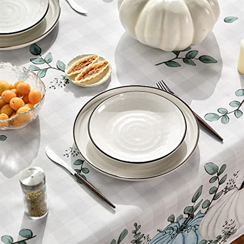 Fehér bivalykockás eukaliptusz levelek tök őszi terítő Hálaadás betakarítás vízálló asztaltakaró parti étkező dekoráció