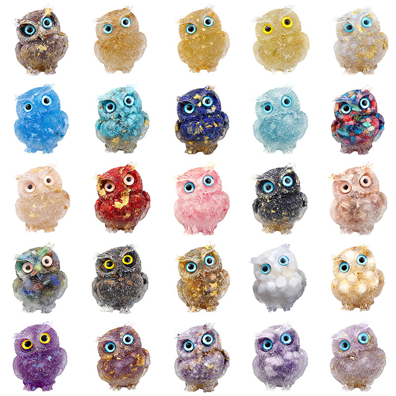 1Pcs Prirodni kristalni kamen Šljunak Sova Životinjski obrti Ručno izrađene male figurice DIY Dekor stola od smole Pokloni za uređenje doma