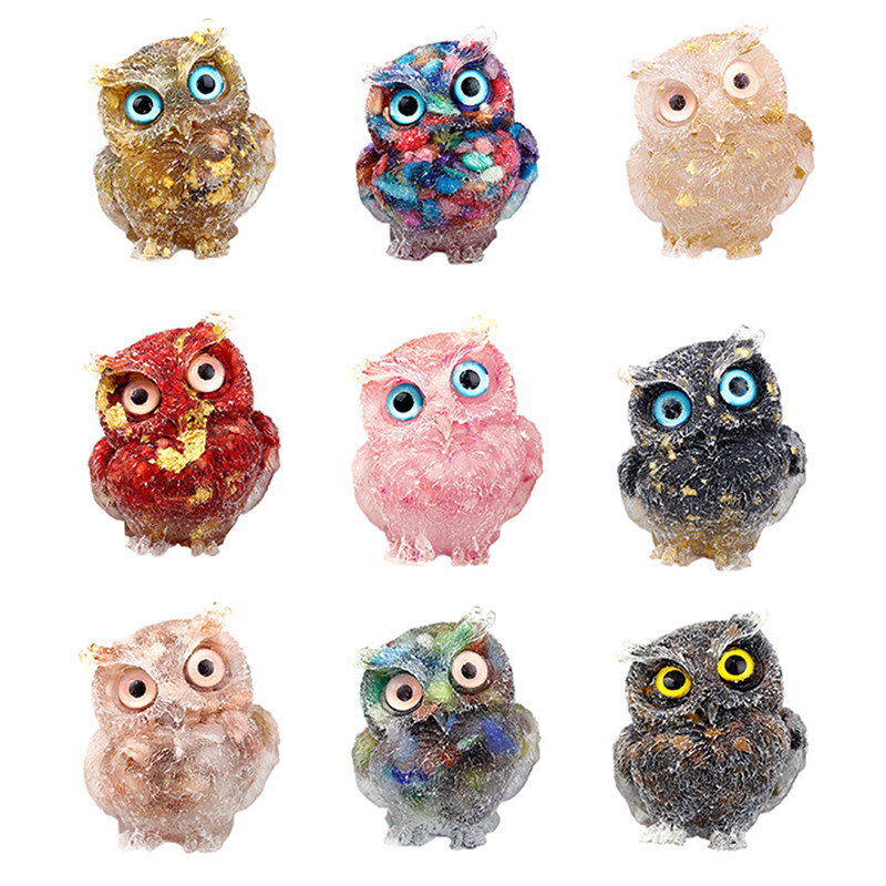 1Pcs Prirodni kristalni kamen Šljunak Sova Životinjski obrti Ručno izrađene male figurice DIY Dekor stola od smole Pokloni za uređenje doma