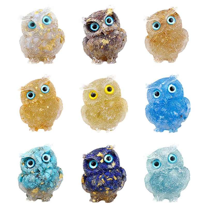 1Pcs Prirodni kristalni kamen Šljunak Sova Životinjski obrti Ručno izrađene male figurice DIY Dekor stola od smole Pokloni za uređenje doma