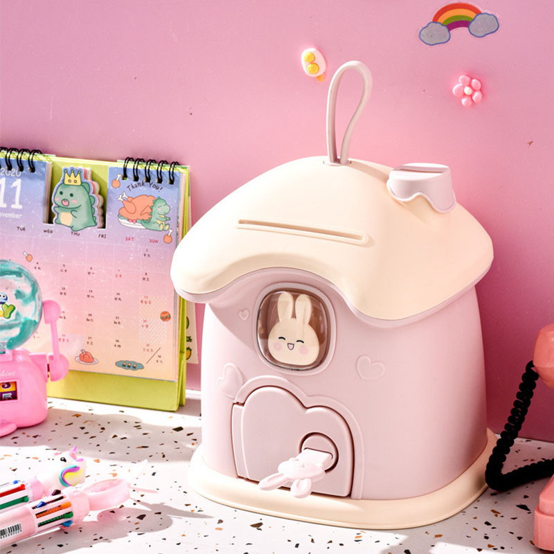Jauka māja cūciņa banka Pārnēsājama kvadrātveida naudas banka Radoši darbvirsmas rotājumi monētas uzglabāšanas kastes bērniem dāvanu cūciņa banka ar atslēgu
