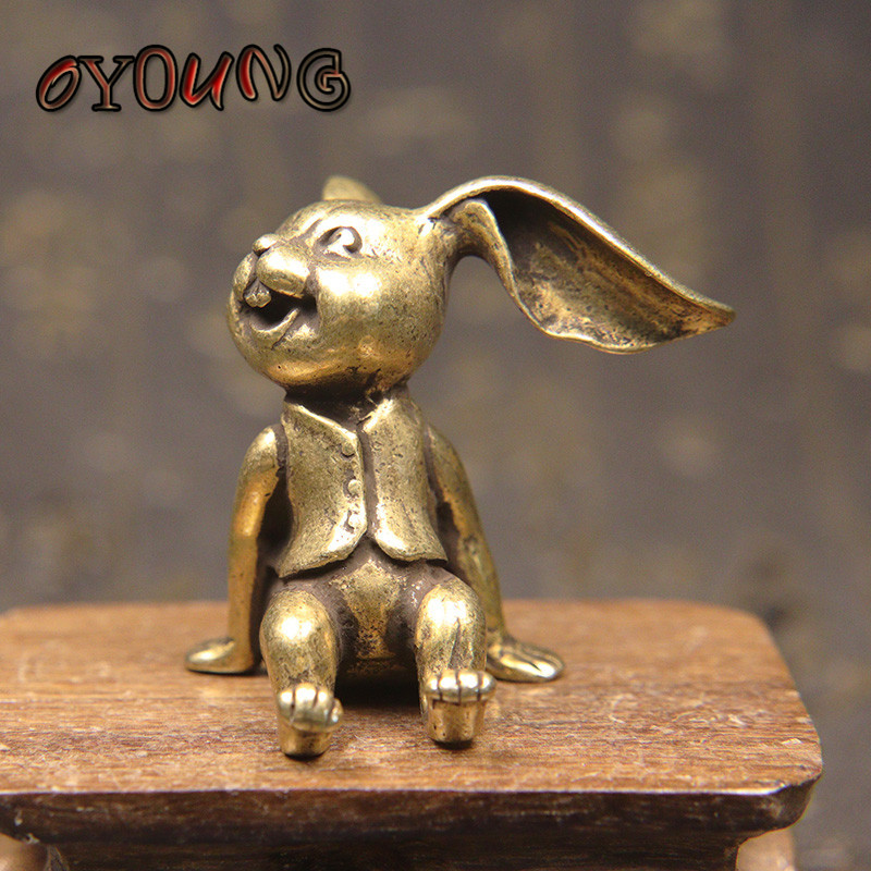 Statuie de iepure norocos din cupru pur, ornament de birou, din alamă, ceai de animale, figurină solidă în miniatură, accesoriu de decorare a casei
