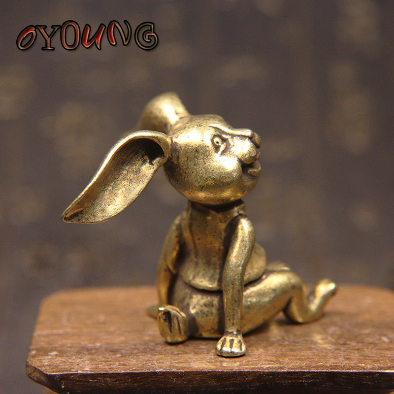 Statuie de iepure norocos din cupru pur, ornament de birou, din alamă, ceai de animale, figurină solidă în miniatură, accesoriu de decorare a casei