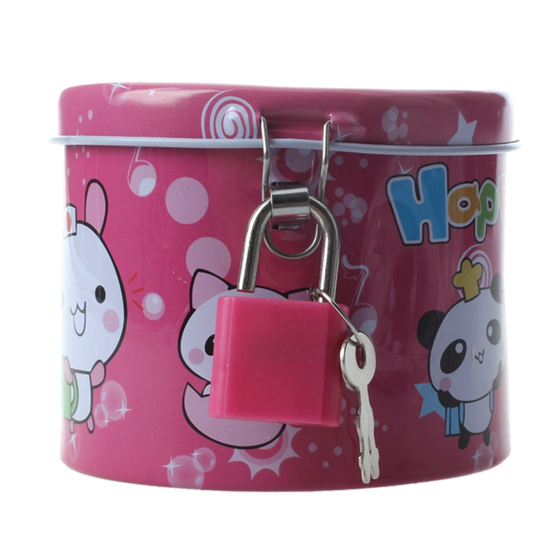 2X cilindra dizaina karikatūras drukas cūciņa banka monētu naudas taupīšanas kaste ar piekaramo atslēgu