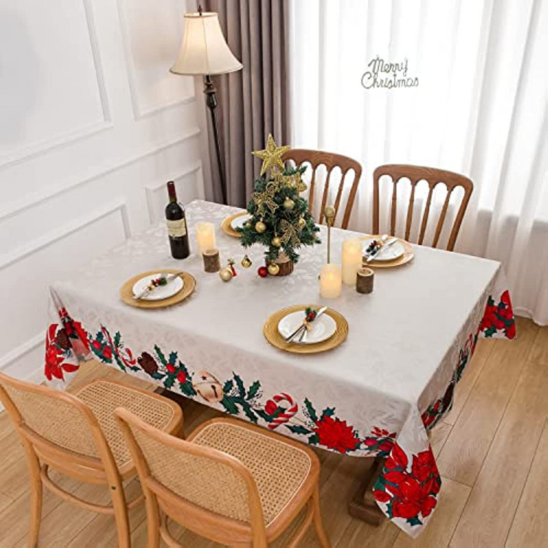Karácsonyi téglalap alakú jacquard terítő piros virág esküvői dekorációval Szilveszteri buli étkező dekoráció Mosható terítő