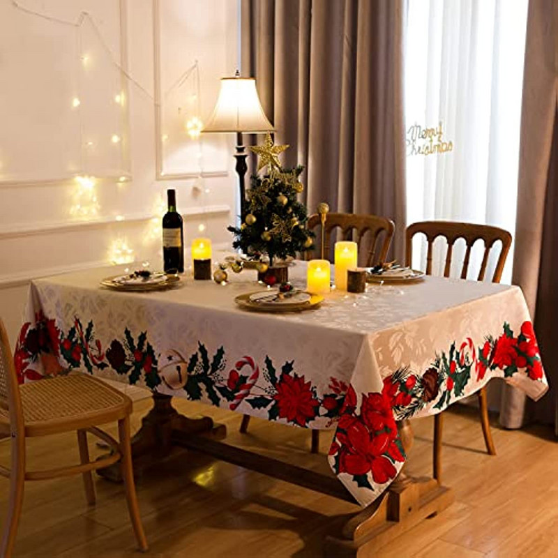 Karácsonyi téglalap alakú jacquard terítő piros virág esküvői dekorációval Szilveszteri buli étkező dekoráció Mosható terítő