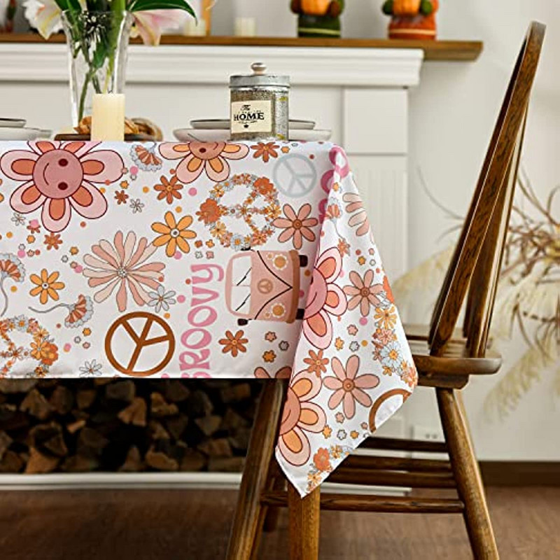 Modes Retro Boho ūdensizturīgs galdauts 70. gadu tematiskā taisnstūra mazgājams galda pārklājs kāzu dekorēšanai karnevāla ballīšu vakariņu dekorēšanai