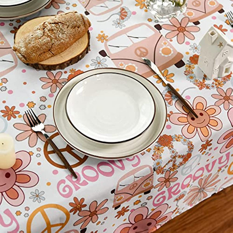 Modes Retro Boho ūdensizturīgs galdauts 70. gadu tematiskā taisnstūra mazgājams galda pārklājs kāzu dekorēšanai karnevāla ballīšu vakariņu dekorēšanai