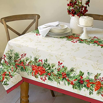 Коледа Holly Poinsettia Правоъгълна покривка Сватбен декор Водоустойчив Бери Червена лента Покривка за хранене за празнично парти