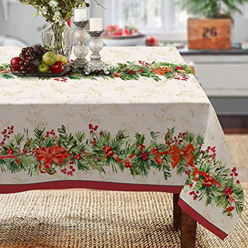 Коледа Holly Poinsettia Правоъгълна покривка Сватбен декор Водоустойчив Бери Червена лента Покривка за хранене за празнично парти