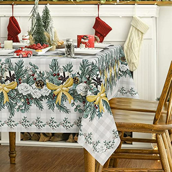 Коледна водоустойчива покривка за декорация на дома с борови иглички с лък Коледна покривка за маса Покривало за празнична маса за парти вечеря Декор