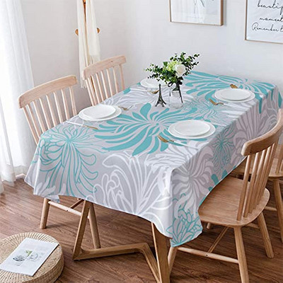 Aqua Chrysanthemum Flowers Водоустойчиви покривки Сива флорална правоъгълна покривка за маса за сватбен декор Домашно парти Плот