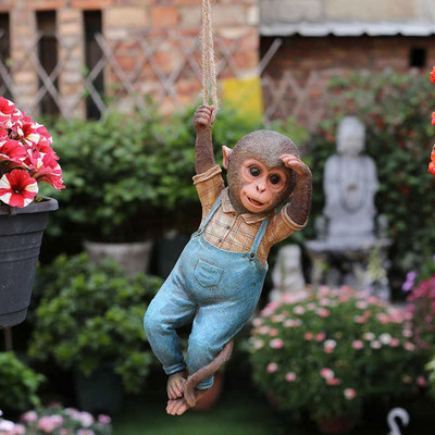 Outdoor Garden Decoration Monkey Tree Rope Hanging Statue Resin Pastoral Animal Little Simulation Monkey Sculpture Creative L5O3