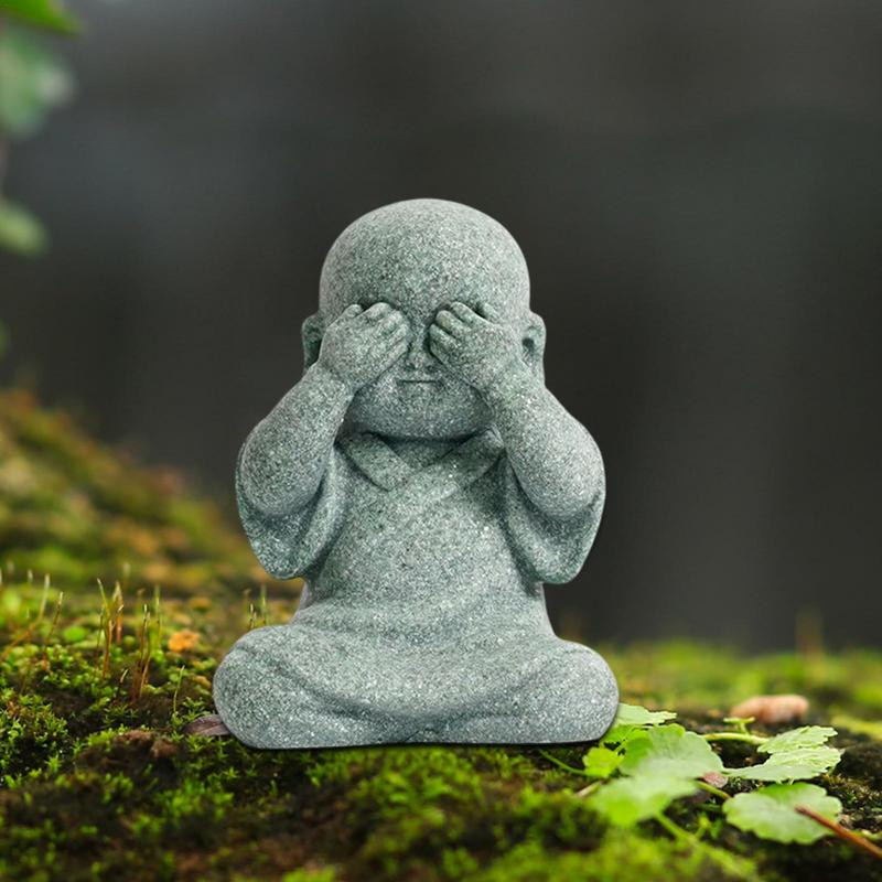 Mazā mūka figūriņa, jauka Budas statuja dzena mūka sveķu ornaments, ķīniešu dekoratīvs aprīkojums mājas dekorēšanai