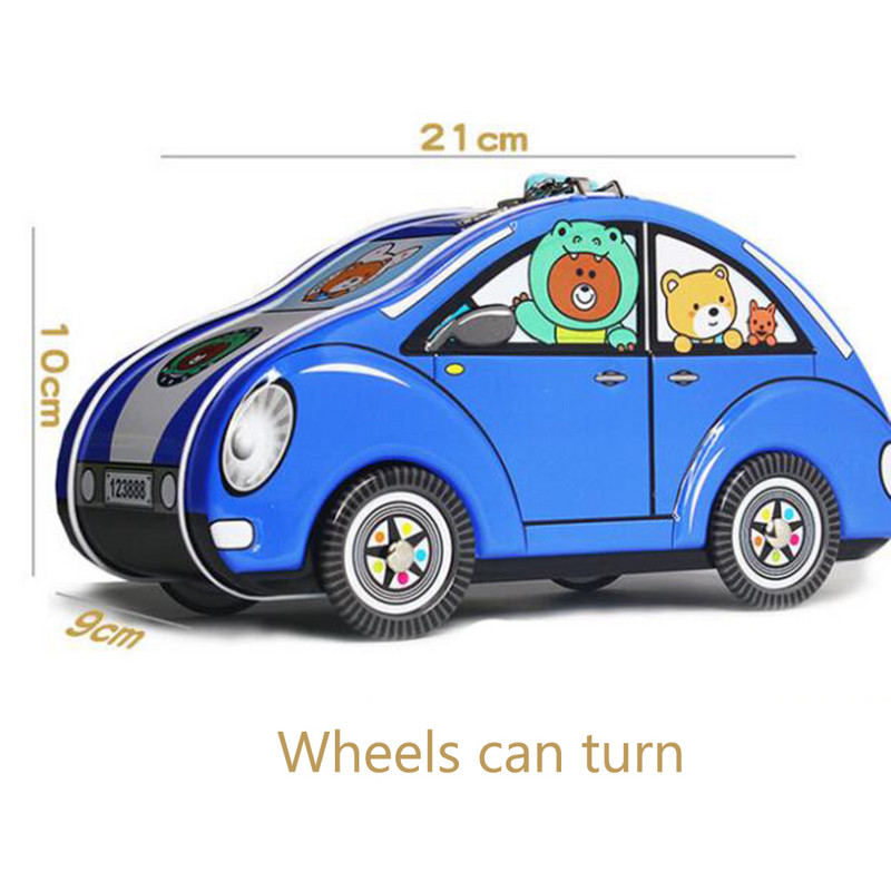 Autós malacpersely bádog takarékdoboz érmék tárolására, tégely kerekei elfordíthatják fiús lány születésnapi ajándékot lakat díszítéssel