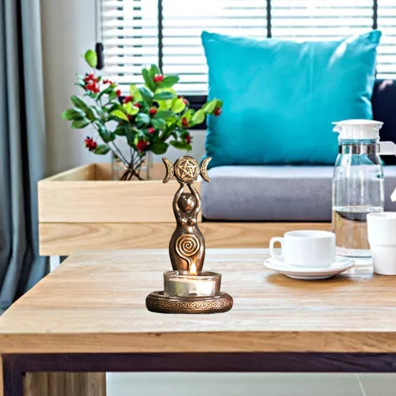 Spirālveida trīskāršā mēness dieviete tējas sveču turētājs sveķu skulptūra bronzas apdare, sveķu skulptūra Mājas dekors figūriņas kolekcionējamās