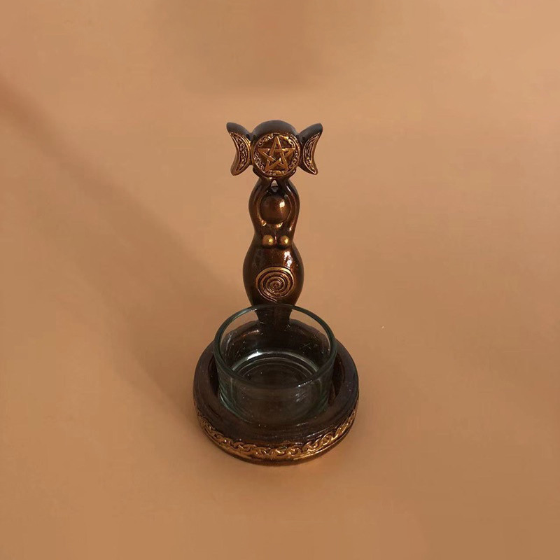 Spirālveida trīskāršā mēness dieviete tējas sveču turētājs sveķu skulptūra bronzas apdare, sveķu skulptūra Mājas dekors figūriņas kolekcionējamās