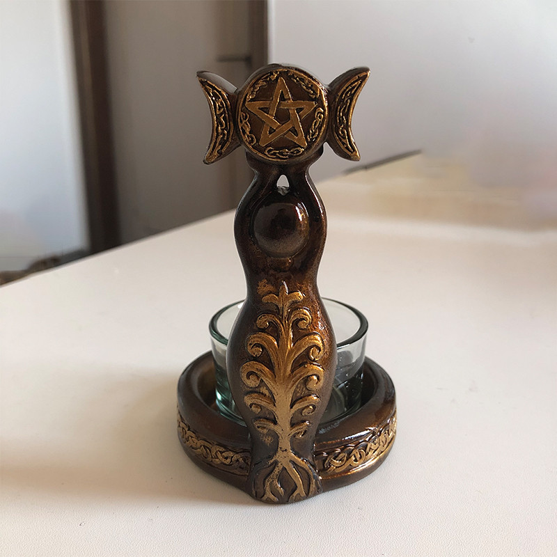 Spirālveida trīskāršā mēness dieviete tējas sveču turētājs sveķu skulptūra bronzas apdare, sveķu skulptūra Mājas dekors figūriņas kolekcionējamās