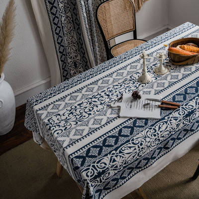 Винтидж покривка от оксфордски плат, щампована синя и бяла порцеланова покривка, домакинска покривка за маса, правоъгълна покривка