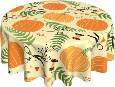 Rudens ķirbju galdauts 60 collu apaļš rudens Pateicības dienas galdauts, putekļu necaurlaidīgs, grumbu izturīgs zemniecisks galdauts