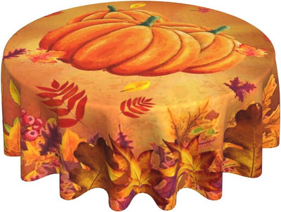 Rudens ķirbju galdauts 60 collu apaļš rudens Pateicības dienas galdauts, putekļu necaurlaidīgs, grumbu izturīgs zemniecisks galdauts