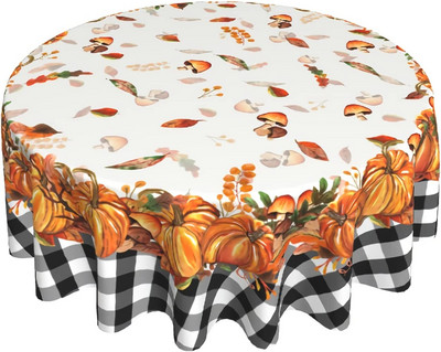 Rudens ķirbju galdauts 60 collu apaļš rudens Pateicības dienas galdauts, putekļu necaurlaidīgs, grumbu izturīgs zemniecisks galdauts