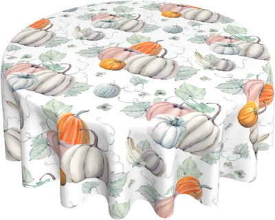 Rudens ķirbju galdauts 60 collu apaļš rudens Pateicības dienas galdauts, putekļu necaurlaidīgs, grumbu izturīgs zemniecisks galdauts