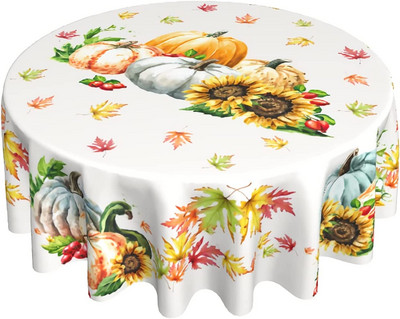 Rudens ķirbju galdauts 60 collu apaļš rudens Pateicības dienas galdauts, putekļu necaurlaidīgs, grumbu izturīgs zemniecisks galdauts