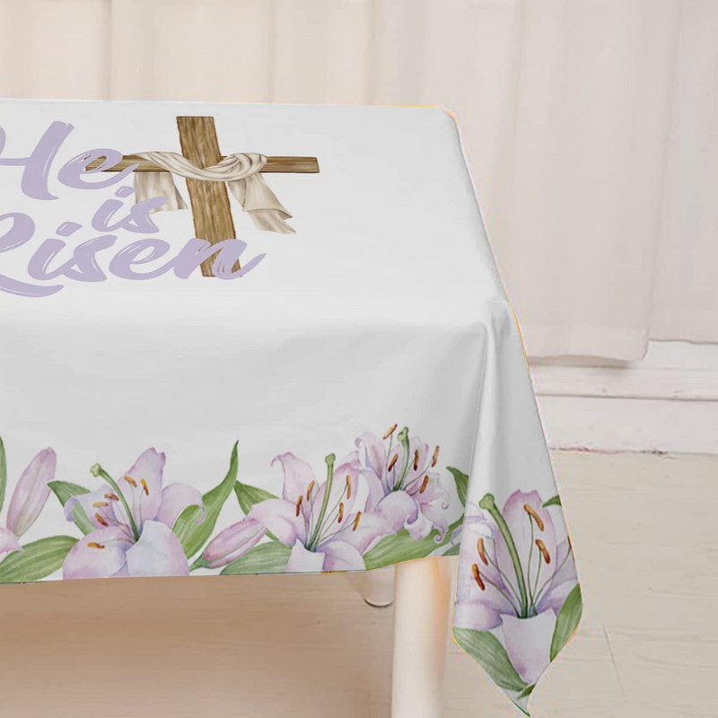 Tavaszi húsvéti vízálló terítő partidísz He Is Risen Keresztény Kereszt virágos terítő konyhai étkező dekorációhoz