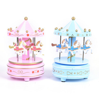 3-цветна дървена въртележка с въртележка Музикална кутия за детски играчки Подарък за сватба, рожден ден Музикална кутия за навиване на панаир на кон