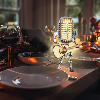 Винтидж микрофон робот с китара Метални фигурки Интериор Настолна нощна лампа Usb зареждане Орнамент Декорация на домашни фигурки