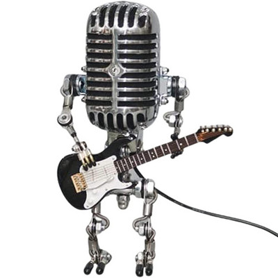 Vintage mikrofonos robot gitárral fém figurákkal belső asztali lámpa USB töltődísz otthoni figurák dekoráció