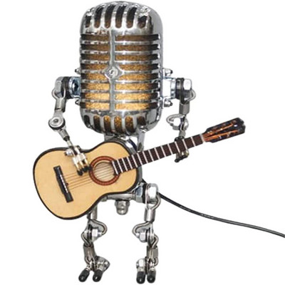 Vintage mikrofonos robot gitárral fém figurákkal belső asztali lámpa USB töltődísz otthoni figurák dekoráció