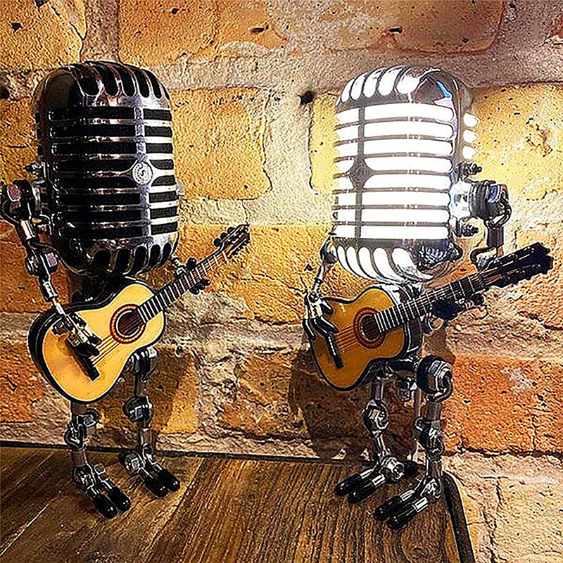 Vintage mikrofonos robot gitárral fém figurákkal belső asztali lámpa USB töltődísz otthoni figurák dekoráció