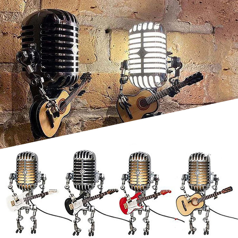 Vintage mikrofonos robot gitárral fém figurákkal belső asztali lámpa USB töltődísz otthoni figurák dekoráció