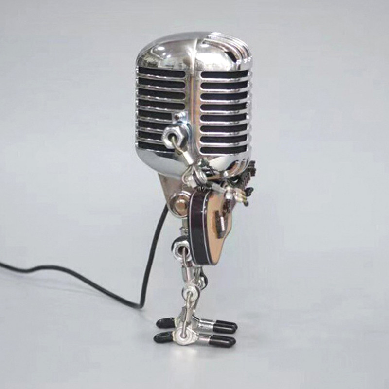 Vintage mikrofonos robot gitárral fém figurákkal belső asztali lámpa USB töltődísz otthoni figurák dekoráció