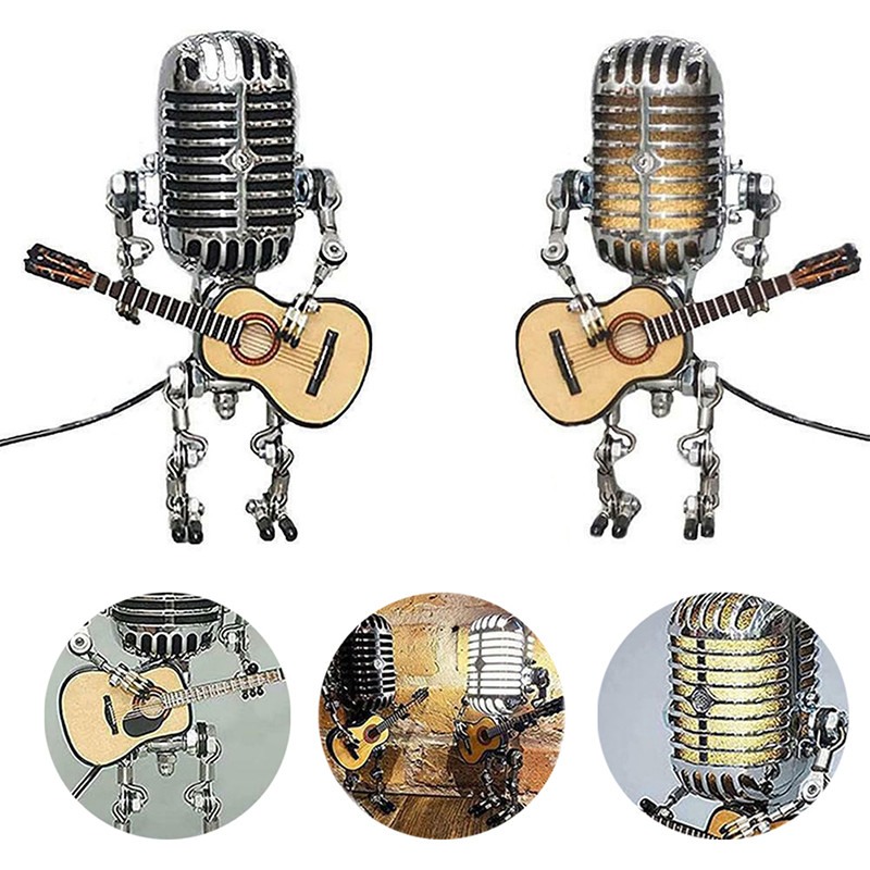 Vintage mikrofonos robot gitárral fém figurákkal belső asztali lámpa USB töltődísz otthoni figurák dekoráció