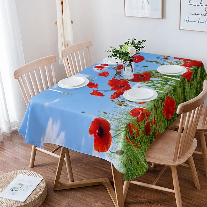 Magoņu ziedi debesis mākoņi galdauts svētku ballīšu dekors Ūdensizturīgs taisnstūrveida galdauti kāzu dekors galda pārklājs