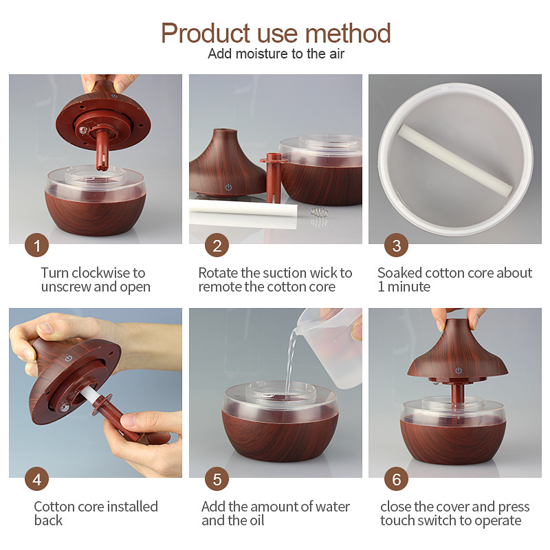 Elektrinis drėkintuvas Essential Aroma alyvos difuzorius Ultragarsinis medienos grūdų oro drėkintuvas USB Mini Mist Maker LED lemputė