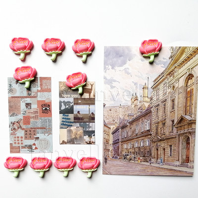 10 vnt mielų gėlių šaldytuvo magnetai Rožiniai maži magnetiniai nuotraukų lipdukai Mini magnetai šaldytuvo dekoravimui